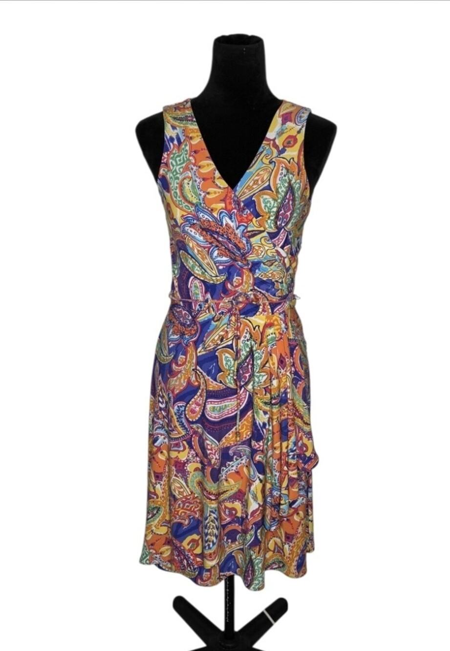 Lauren Ralph Lauren Paisley Floral Rainbow Faux Wrap Belted Dress Fairy Size XS